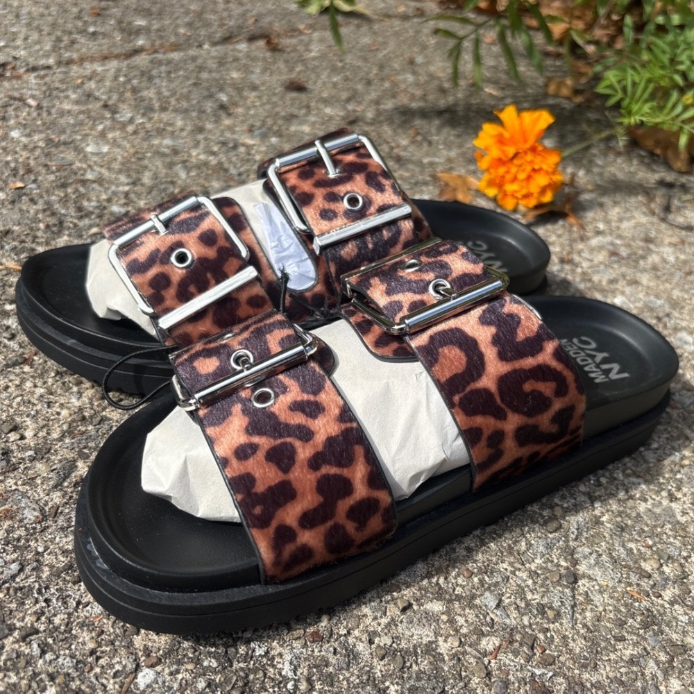 Madden NYC Womens Leopard Double Buckle Footbed Slide Sandals Size 8 NWT